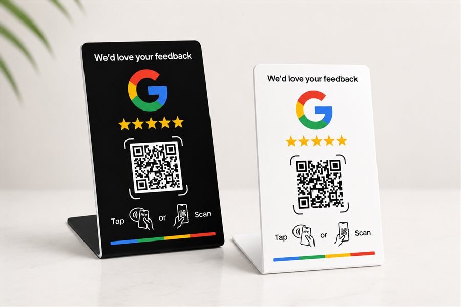 Google Review Standaard met QR-code en NFC-tik, staand op een balie.