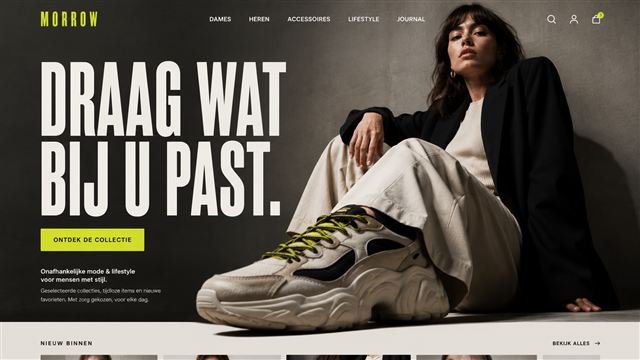 Voorbeeldstijl voor een modemerk: zwart met felgele accentkleur en grote typografie.