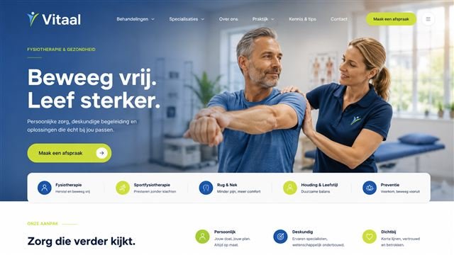 Voorbeeldstijl voor een fysiotherapiepraktijk: blauw-groene gradient met een rij dienstenpictogrammen.