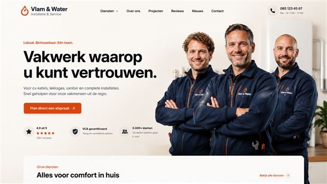 Voorbeeldstijl voor een installatie- en servicebedrijf: warme crème- en oranjetinten met vertrouwensbadges.