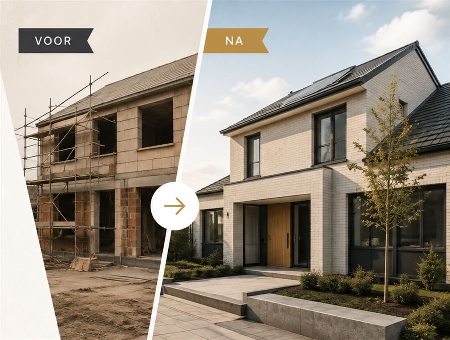 Voor-en-na-foto van een woning: eerst in aanbouw met steigers, daarna afgewerkt met tuin en bestrating.